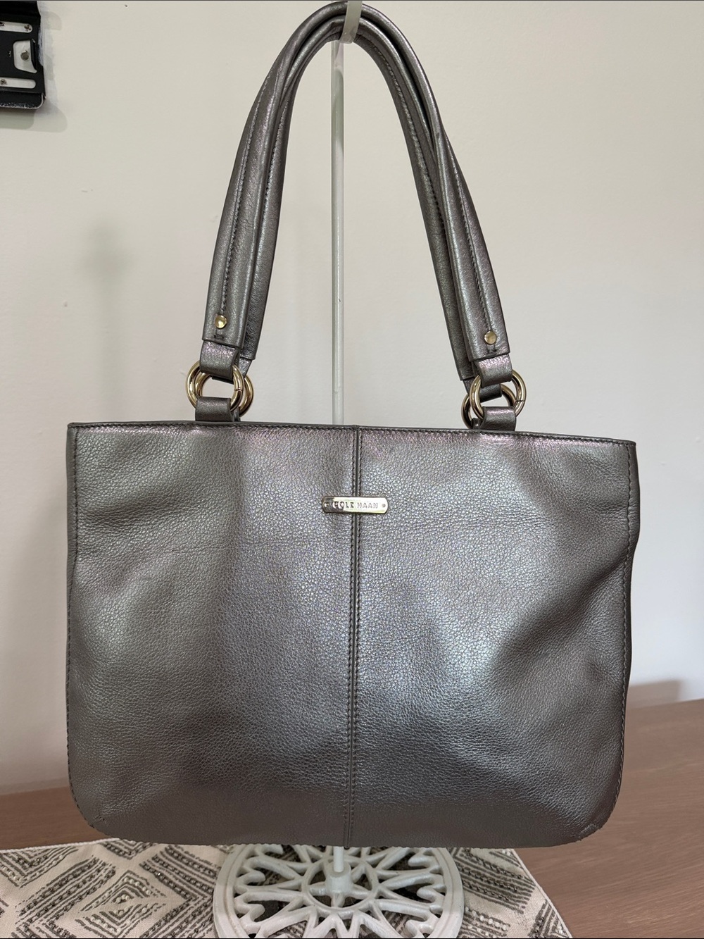 Cole Haan Metallic Gray Leather Shoulder Tote